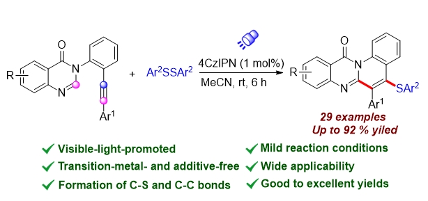 # 113 Photocatalytic radical cascade arylthiolation/cyclization of 3-(2-(ethynyl)phenyl)quinazolinones with disulfides l